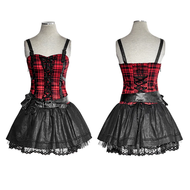 A Type Splicing Braces Fluffy Cute Plaid Punk Dress - Image 4