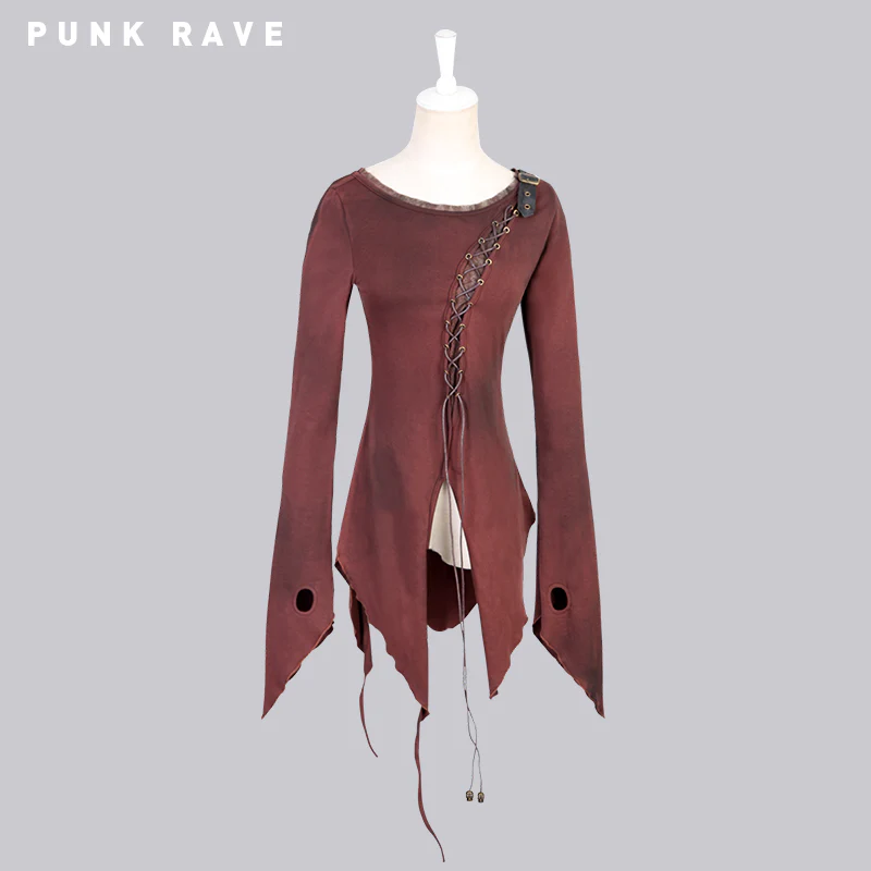Women Asymmetric Cotton Inner Tight Long Sleeve Gothic T-shirts - Image 5