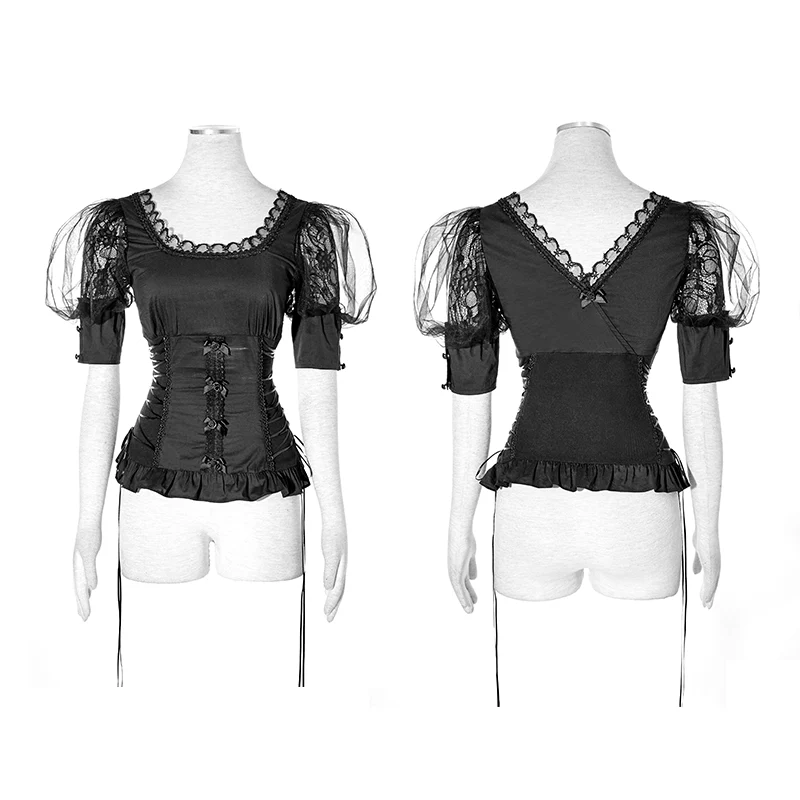Black Elastic Pastoral Style Gothic Shirts Lace Lolita Blouse - Image 4