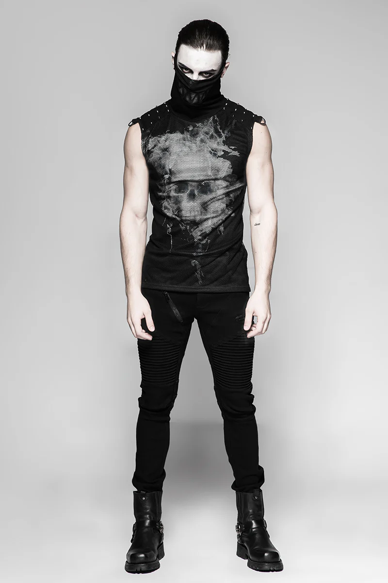 Black Rivets Puff Printing Knitted Collar Men Sleeveless Punk Vest - Image 11