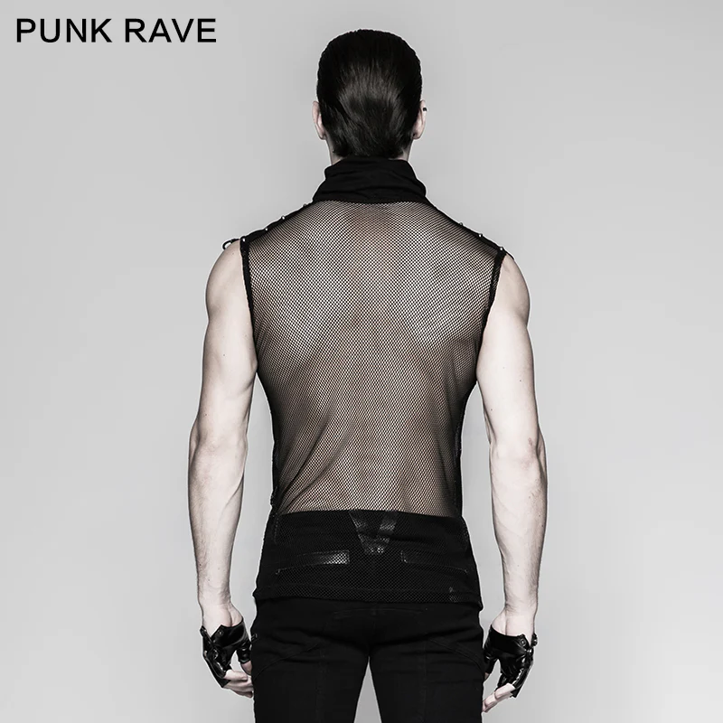Black Rivets Puff Printing Knitted Collar Men Sleeveless Punk Vest - Image 3