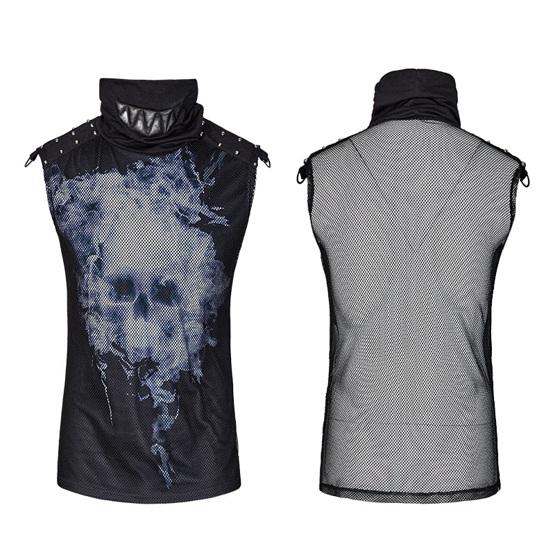 Black Rivets Puff Printing Knitted Collar Men Sleeveless Punk Vest - Image 4