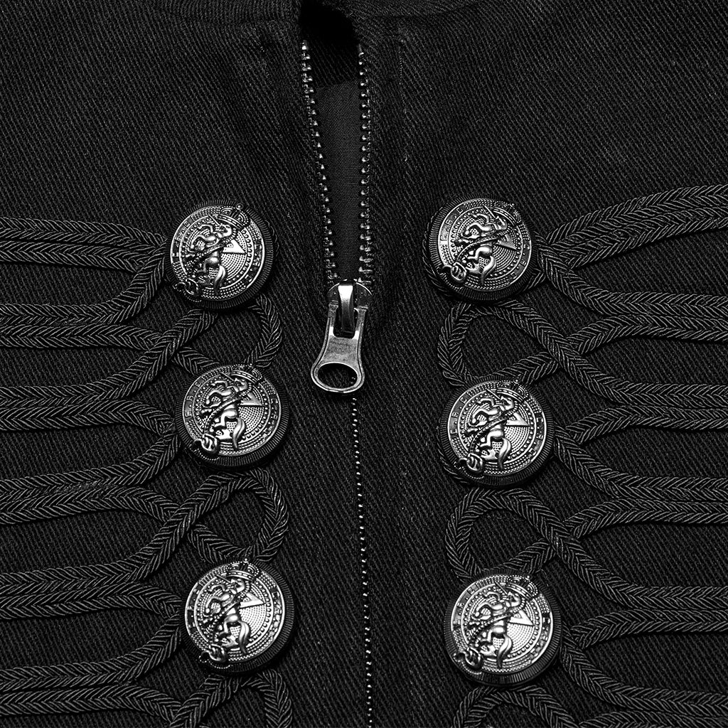 Black Rugged Denim Punk Jacket For Men With Removable Sleeves - Image 11