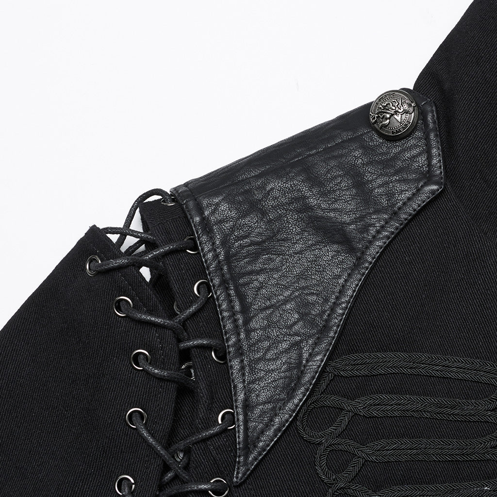 Black Rugged Denim Punk Jacket For Men With Removable Sleeves - Image 12