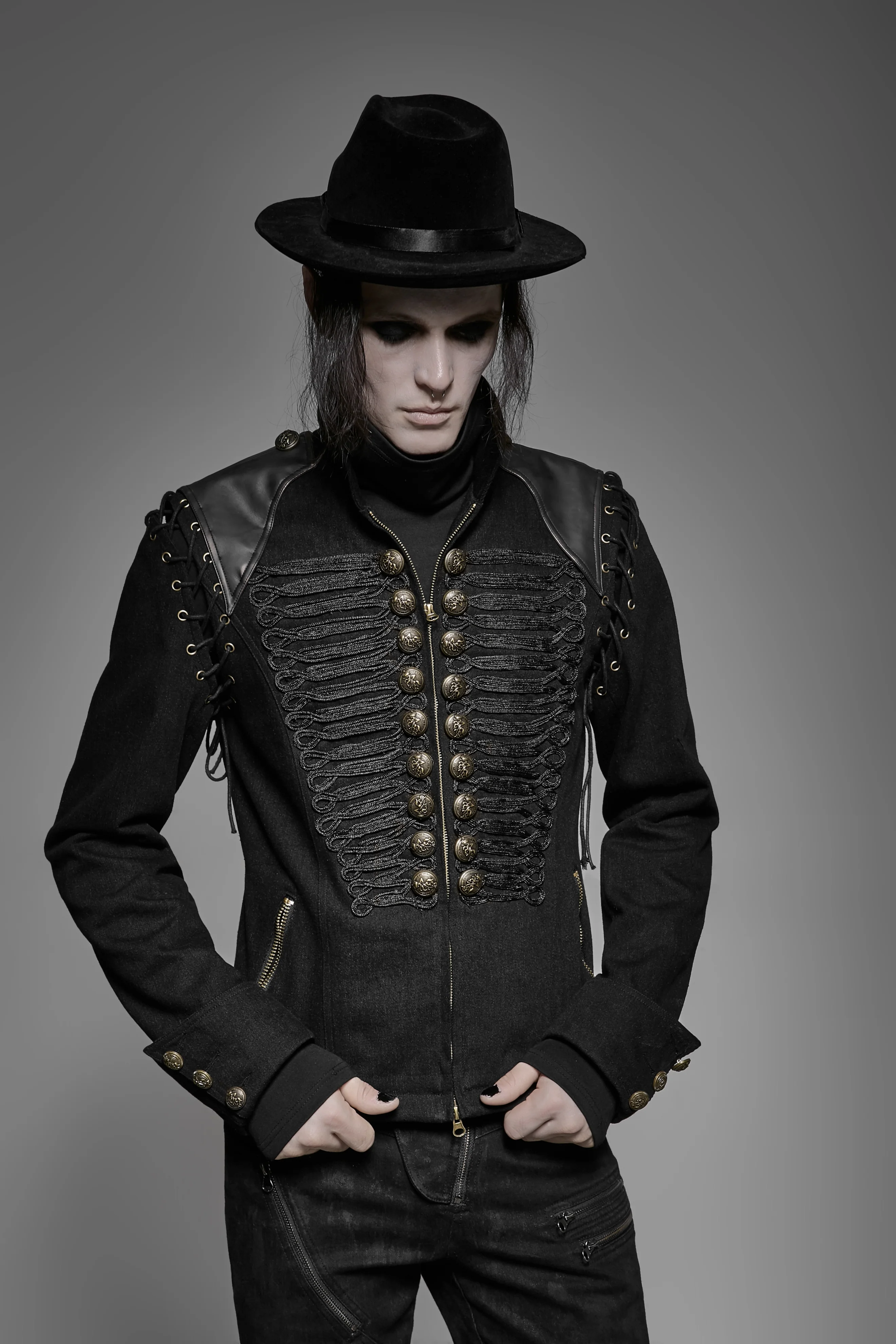 Black Rugged Denim Punk Jacket For Men With Removable Sleeves - Image 4