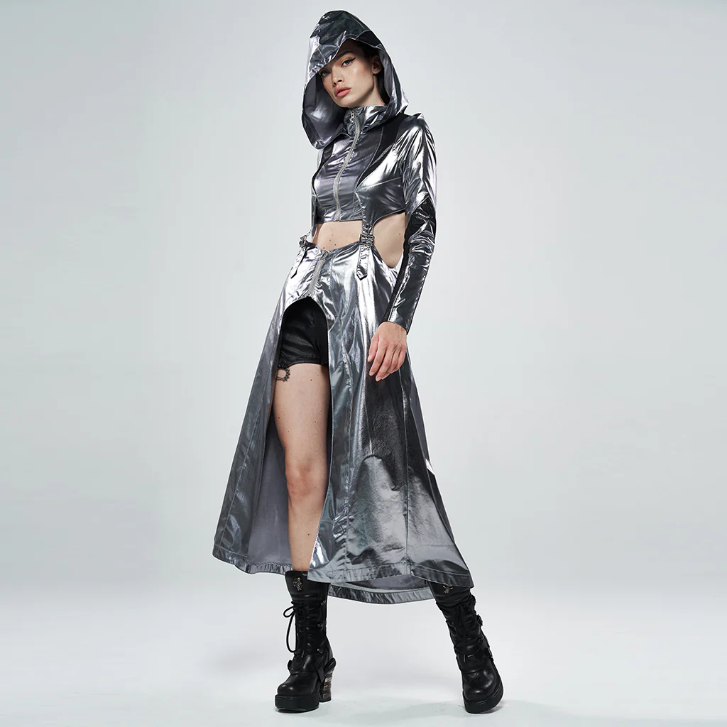 Cosmic Warrior Glossy Hollow Detachable Hem Medium-length Coat - Image 17