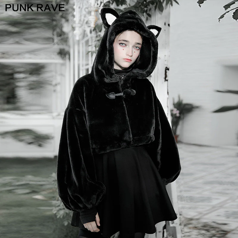 Cute ears drawstring cap short coat