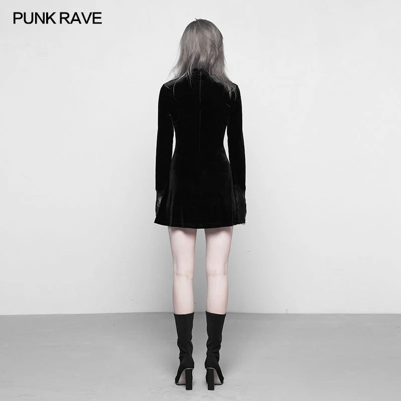 Dark Lace Stitching Feminine Velvet Gothic Dress - Image 3
