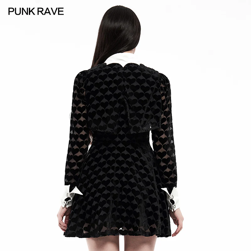 Dark peach heart shadow flower bat white collar little black dress - Image 3
