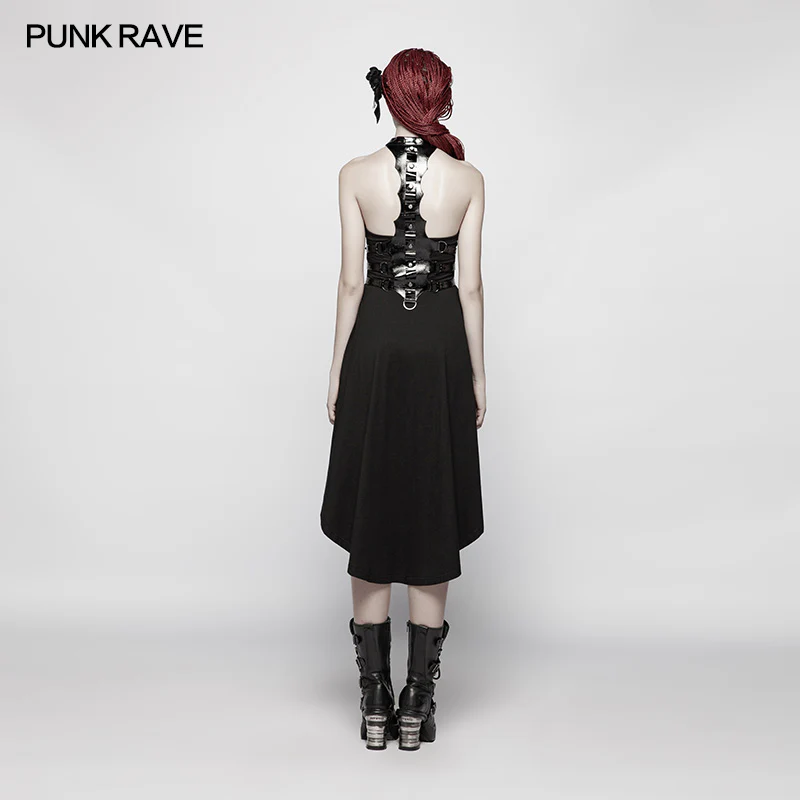 Dark Punk Halter Neck Spine Shaped High Low Dress - Image 3
