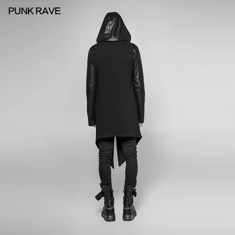Dark Punk Leather Crack Knit Stitching Hooded Cardigan - Image 3