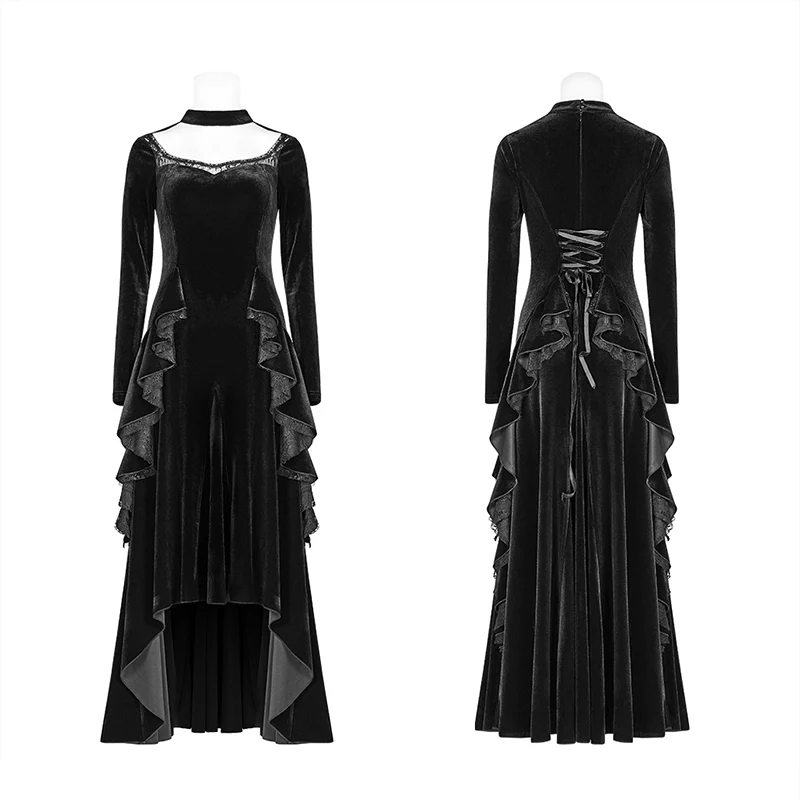 Gothic Daily Women Long Sleeve Velvet High-low Long Dress With Lace - Image 4