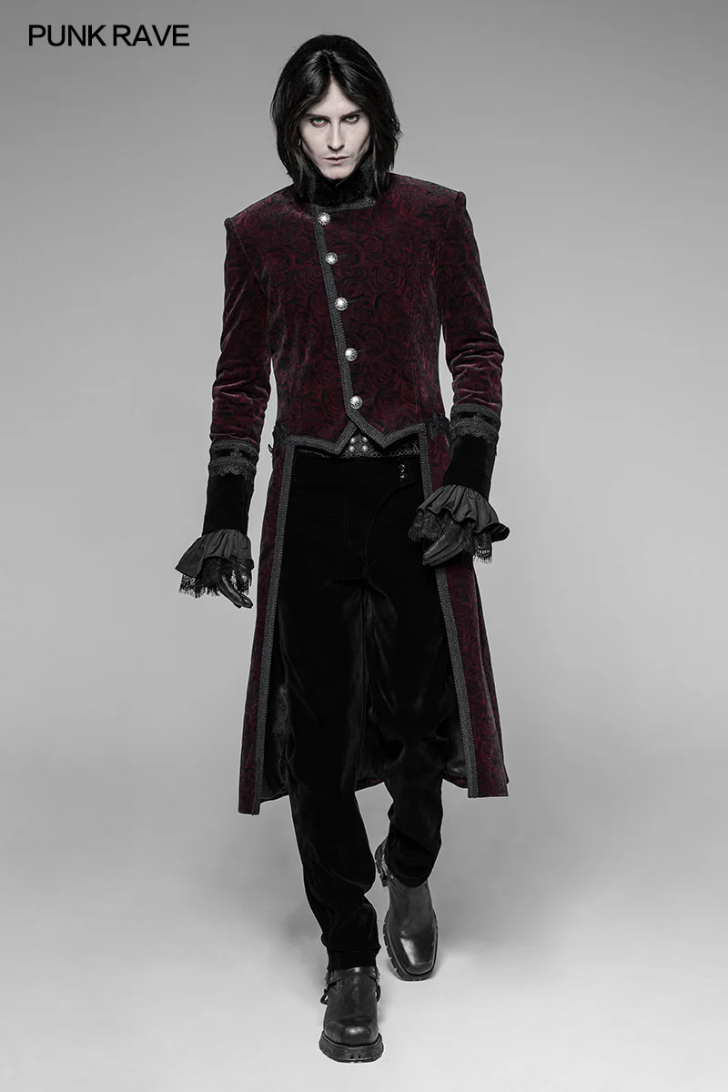 Gothic Dark Rose Printed Velvet Swallowtail Coat Jacket - Image 6