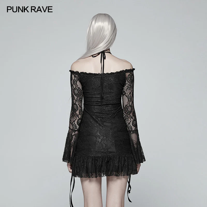 Gothic Off Shoulder Halter Neck Horn Sleeves Lace Mini Shirt - Image 3