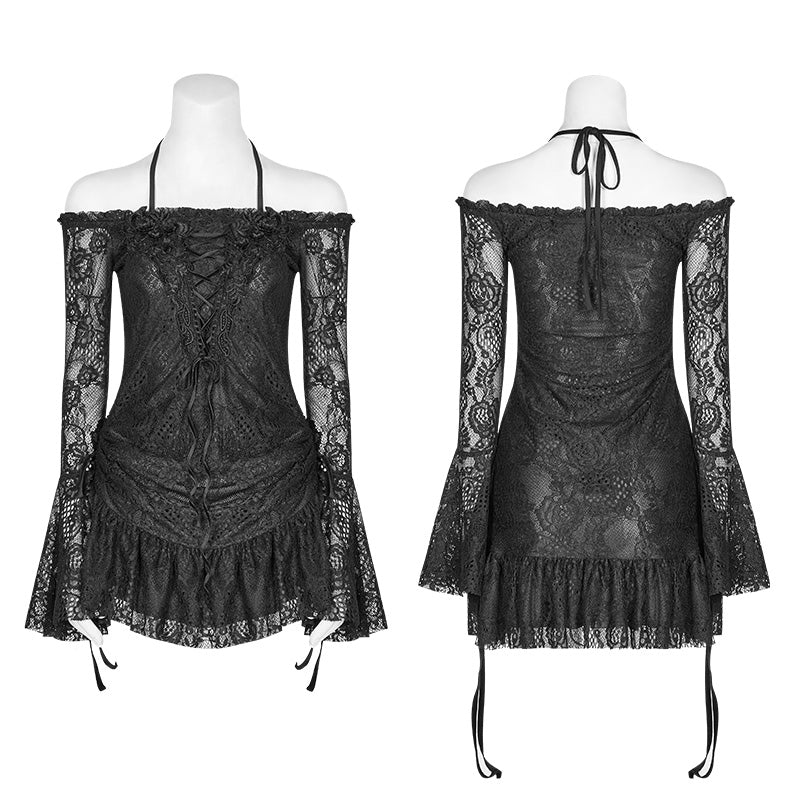 Gothic Off Shoulder Halter Neck Horn Sleeves Lace Mini Shirt - Image 4