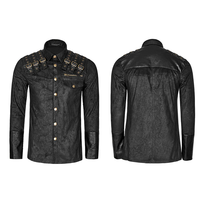 Heavy Metal Texture Shoulder Leather Coating Punk Shirts - Image 4