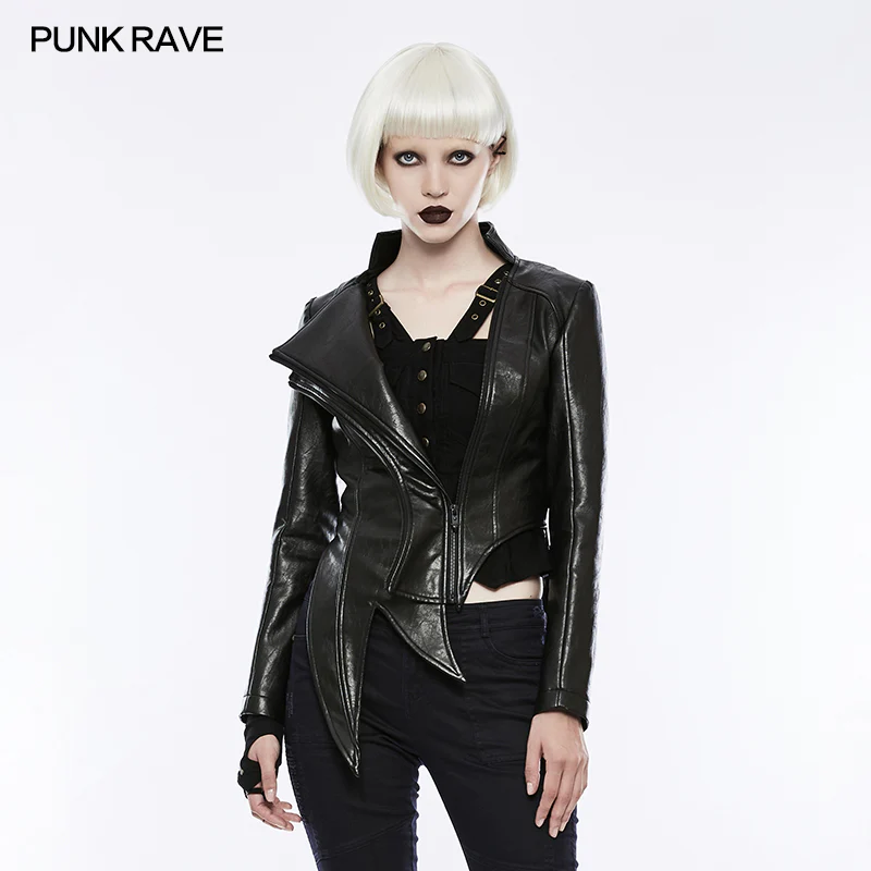 Irregular Shaped Bright Leather Punk Jacket With Stand Collar