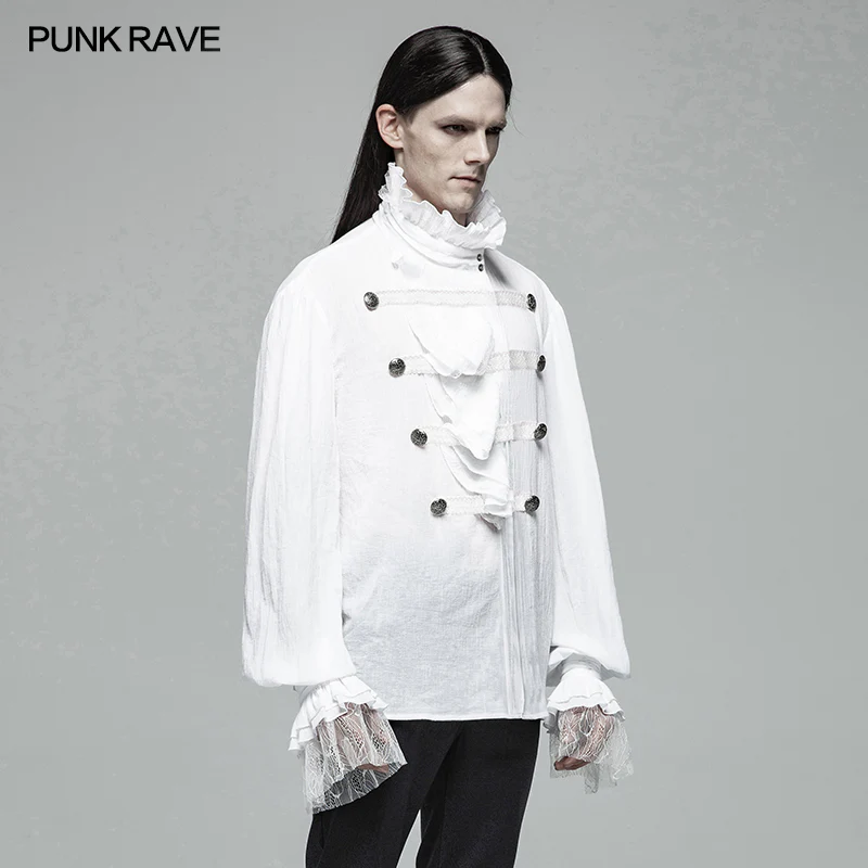 Men Gothic Partial Placket Lotus Leaf Loose Shirt With Standing Collar - Image 9