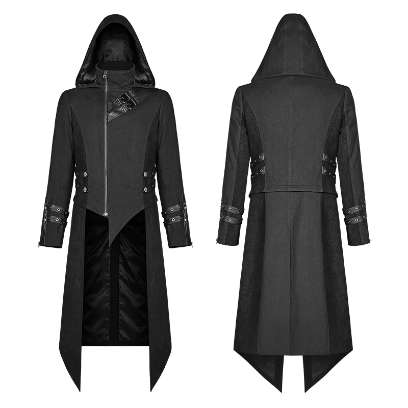 Men Punk Split Hooded Jacket Asymmetrical Long Trench Coat - Image 4