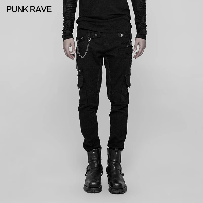 Men's Double Pocket Heavy Metal Punk Pants Floral Woven Waist Head Trousers