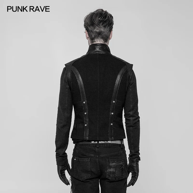 Men's Rough Leather Splicing Stand Collar Punk Vest - Image 3