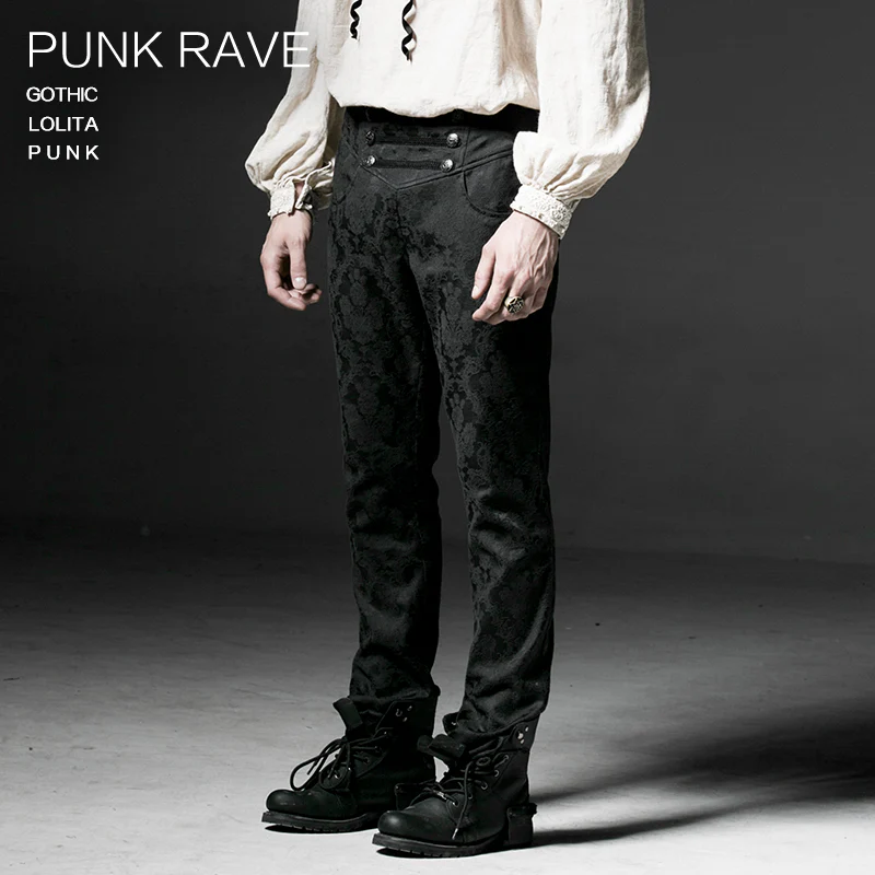 Punk Black Winter Flower Pattern Men Slim Gothic Pants - Image 3