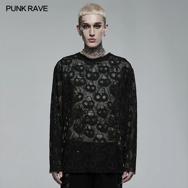 Punk Daily Wear Skull Mesh Long Sleeve T-shirt