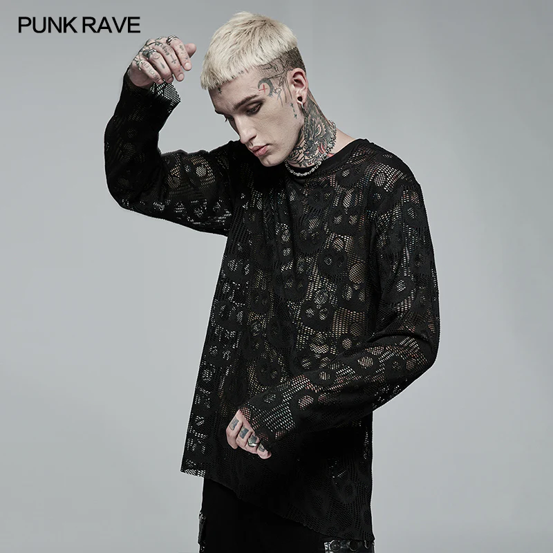 Punk Daily Wear Skull Mesh Long Sleeve T-shirt - Image 2