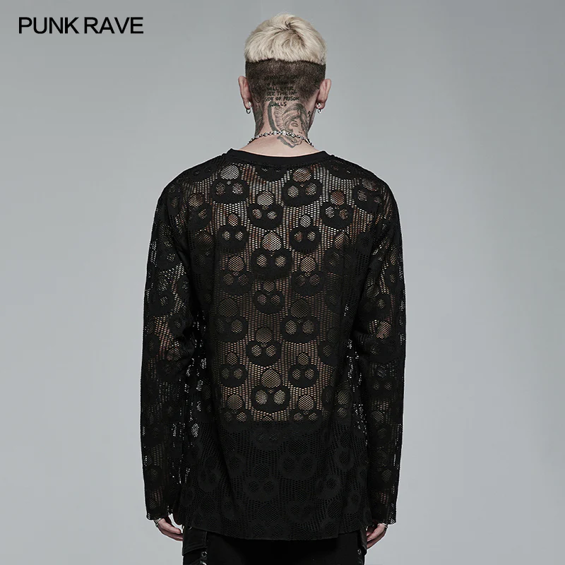 Punk Daily Wear Skull Mesh Long Sleeve T-shirt - Image 3