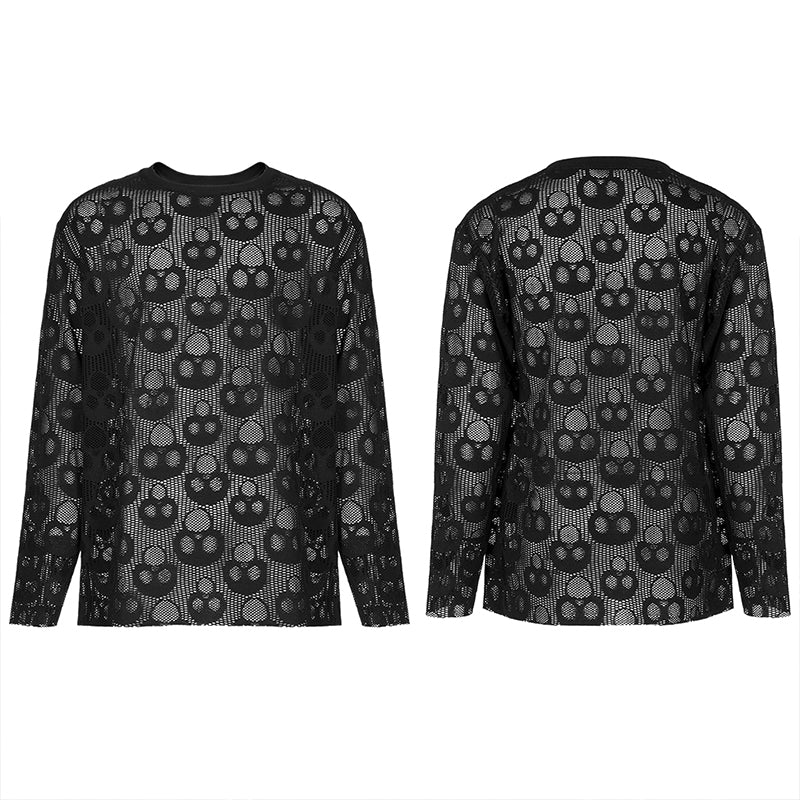 Punk Daily Wear Skull Mesh Long Sleeve T-shirt - Image 4
