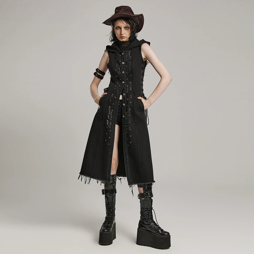 Punk decayed washed denim long vest - Image 5