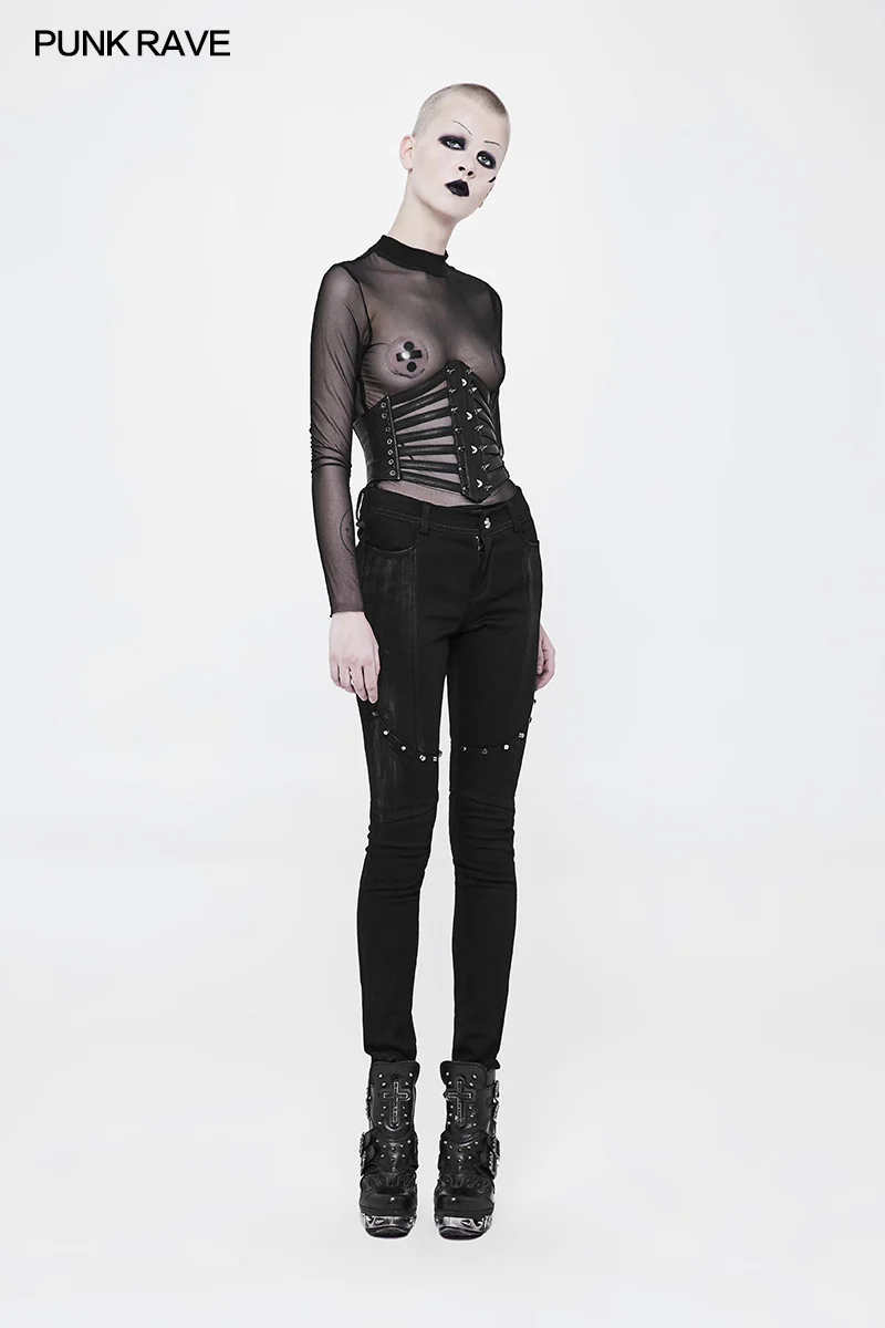 Punk Elastic Denim Studded Long Pants For Women