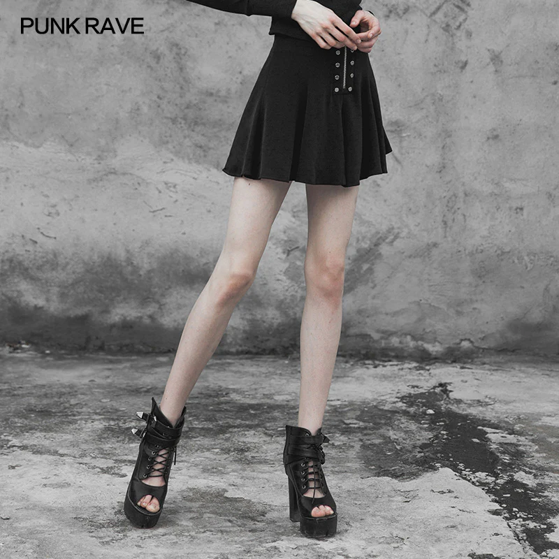 Punk Front Zipper Metal Nail Black Chiffon Short Pleated Skirt With Safety Anti-light Underwear - Image 2