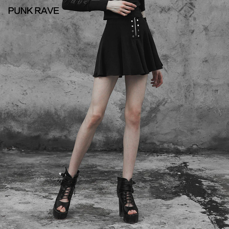 Punk Front Zipper Metal Nail Black Chiffon Short Pleated Skirt With Safety Anti-light Underwear - Image 3
