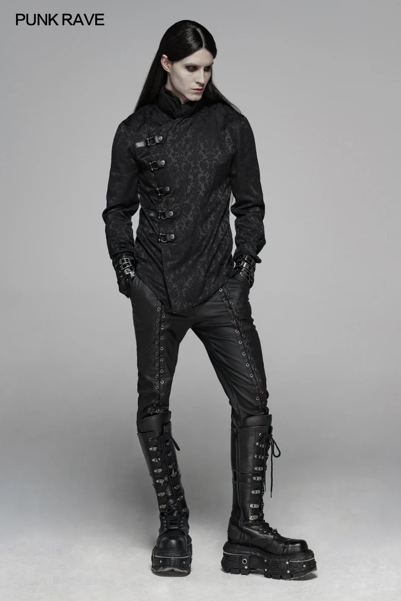 Punk Men Stand Collar Jacquard Fabric Long Sleeve Shirt With Oblique Placket Design - Image 6