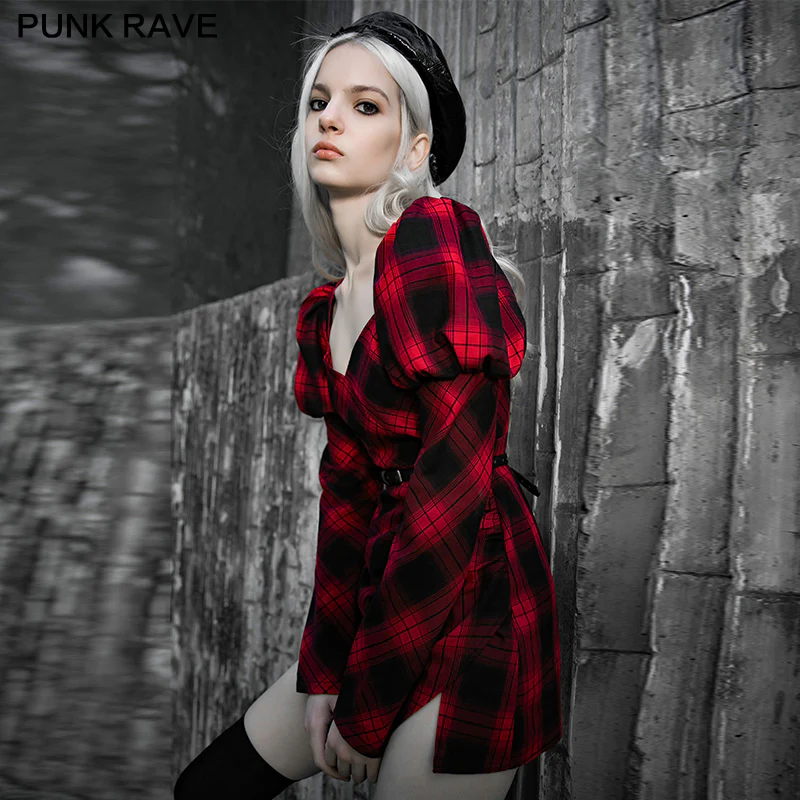 Red and black plaid with princess sleeves dress - Image 2