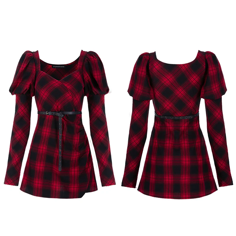 Red and black plaid with princess sleeves dress - Image 4