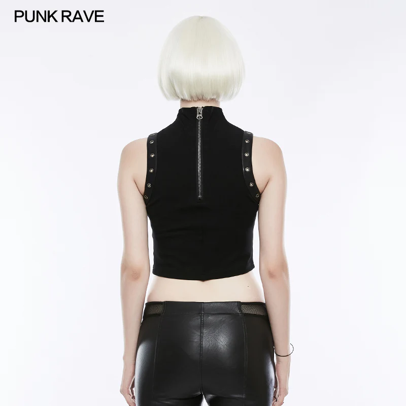 Semi High Neck Tops Sleeveless Punk Vest Back With Zipper - Image 3