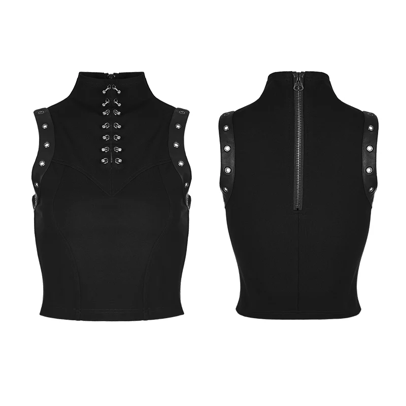 Semi High Neck Tops Sleeveless Punk Vest Back With Zipper - Image 4