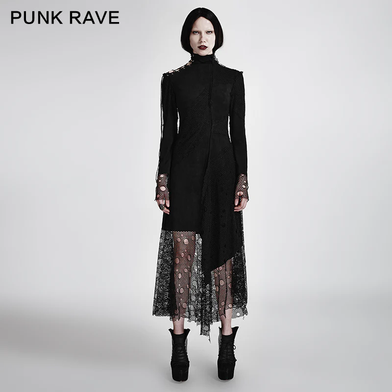 Sexy Asymmetrical Mesh High Neck Punk Dress Stitching With Fake Suede Fabric