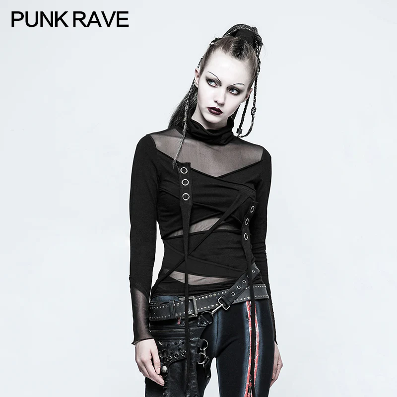 Skinny Sexy Black Mesh Punk T-shirts Tailor Network Mutil Split Design