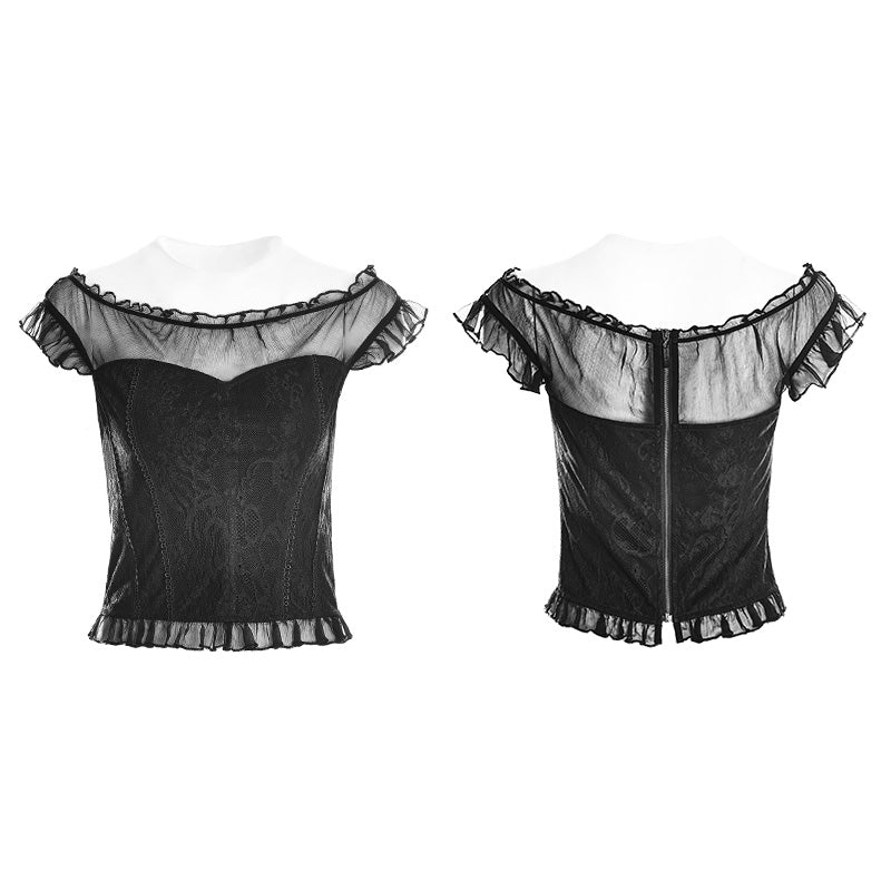 Soft Lace Imitate Silk Wrinkled Stitching Off Shoulder Tops Gothic T-shirt For Women - Image 4