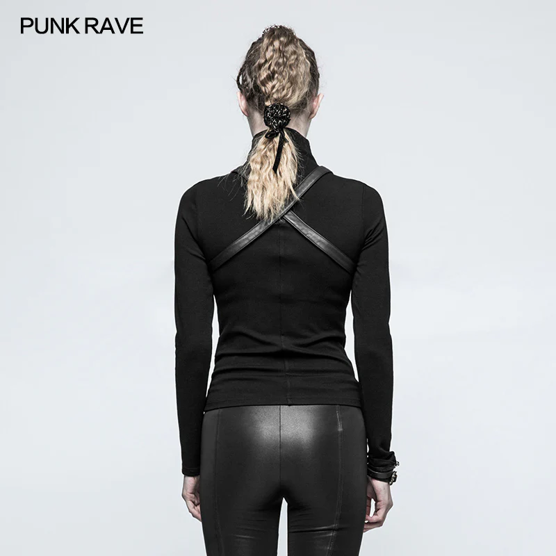 Steampunk Anti-straps Long Sleeve Punk T-shirts With High Neck Collar - Image 8