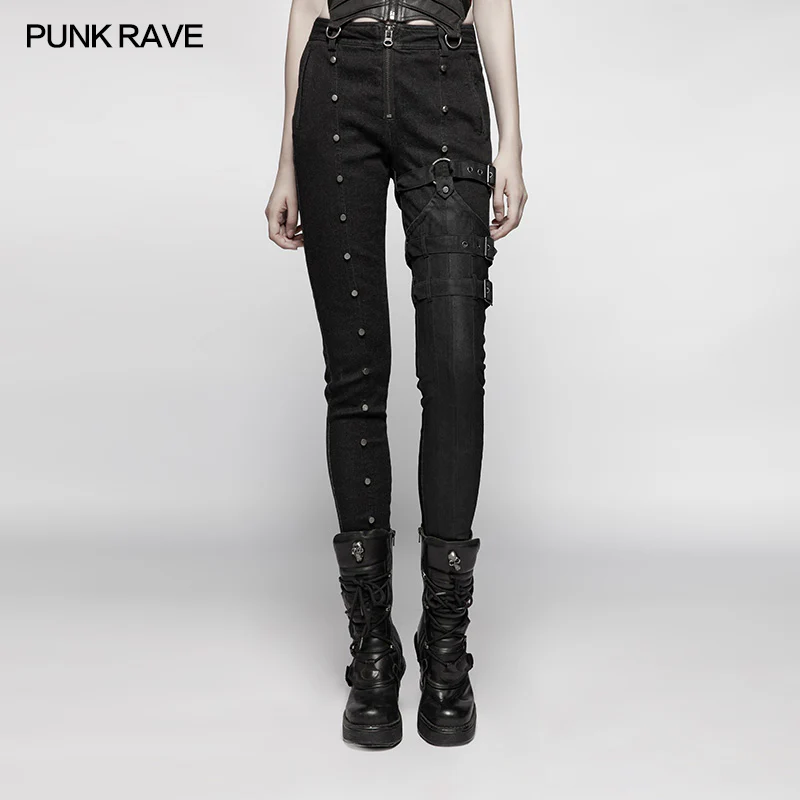 Steampunk Micro-elastic Contrasting Color Denim Trousers