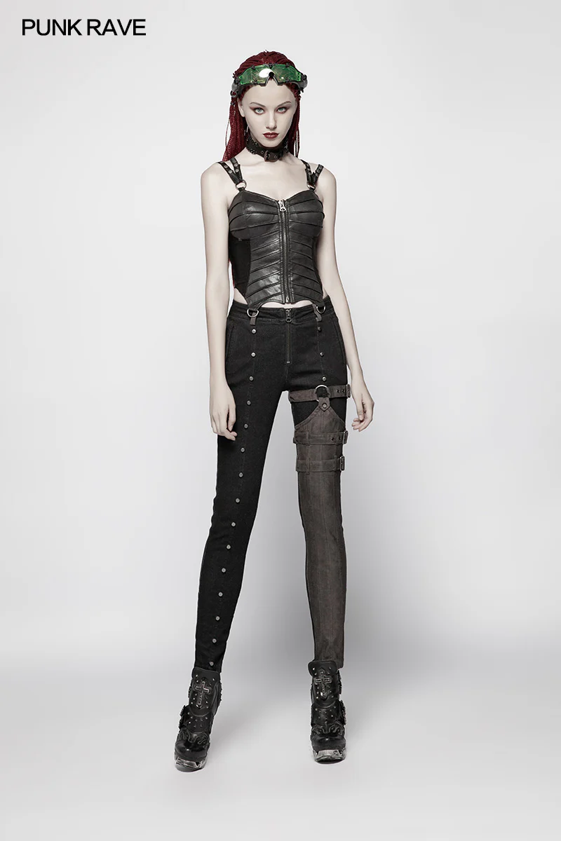 Steampunk Micro-elastic Contrasting Color Denim Trousers - Image 12