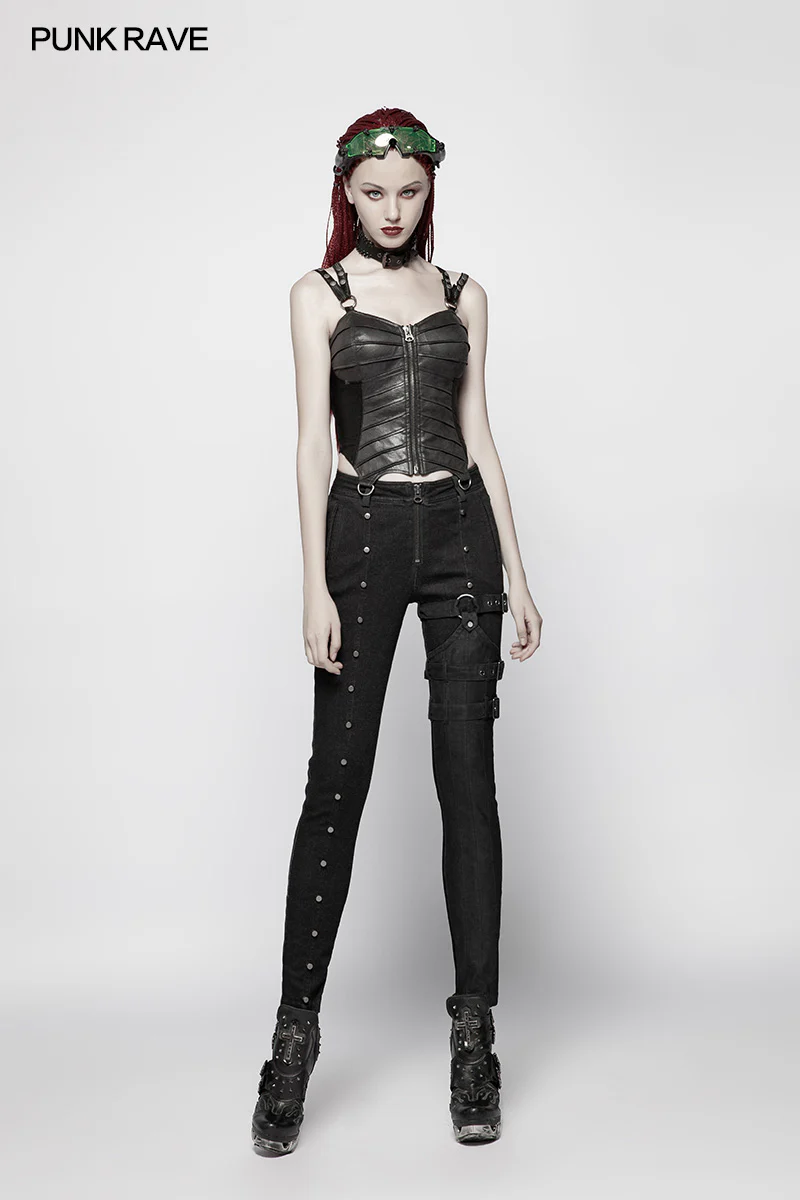 Steampunk Micro-elastic Contrasting Color Denim Trousers - Image 6