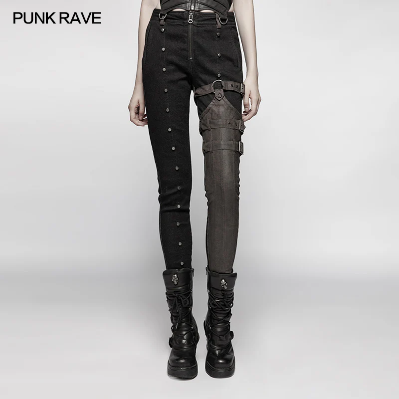 Steampunk Micro-elastic Contrasting Color Denim Trousers - Image 7