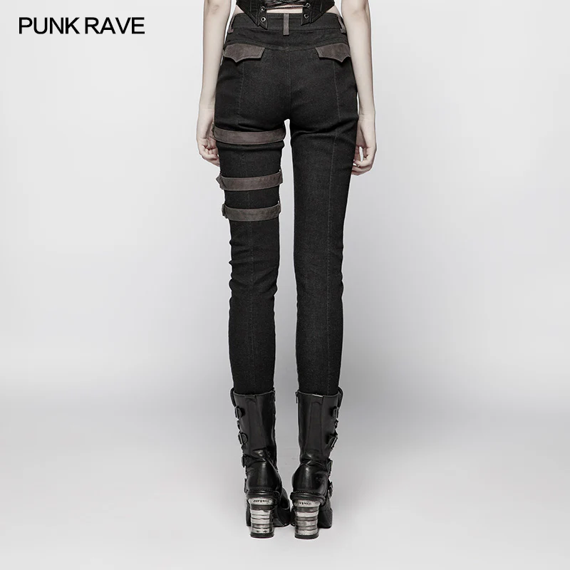 Steampunk Micro-elastic Contrasting Color Denim Trousers - Image 9