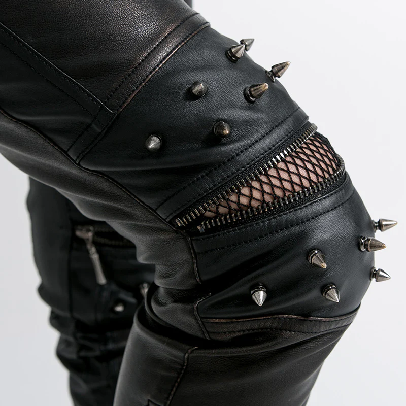 Top Sale Vintage Leather Punk Pants With Awl Nail On Knee - Image 10