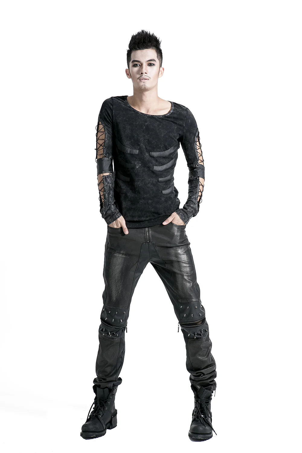 Top Sale Vintage Leather Punk Pants With Awl Nail On Knee - Image 18